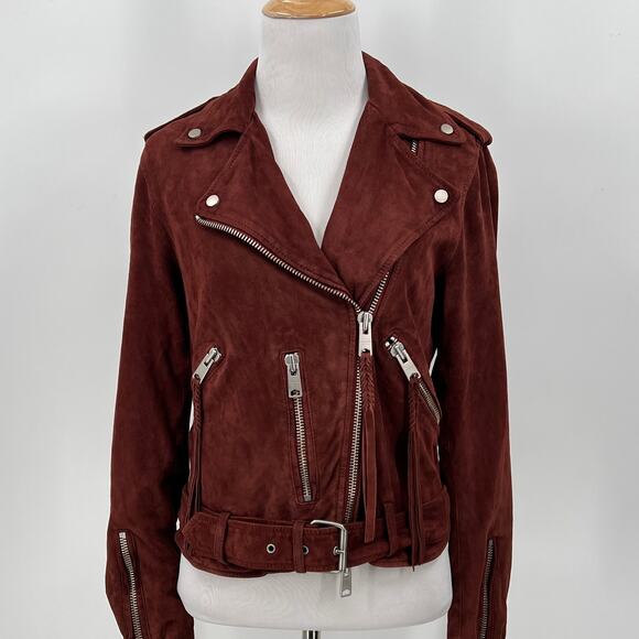 ALLSAINTS Plait Balfern Suede Biker Jacket Womens 6 Burgundy Maroon Moto Zip - Picture 5 of 16